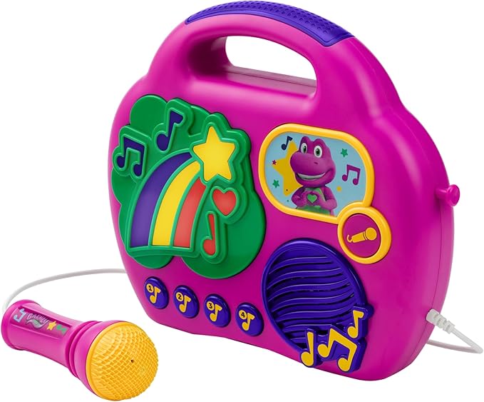 eKids Barney Karaoke Microphone with Boombox for Fans of Toddler Toys, Kids Karaoke Machine with Built in Music (Barney)
