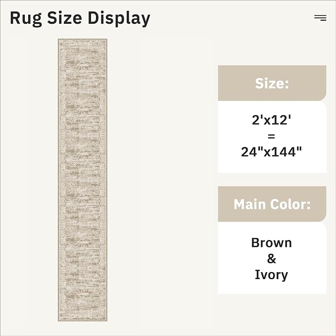 Soalmost Runner Rug 2x12 Washable Non-Slip Hallway Kitchen Runners Brown | Stain Resistant Vintage Rugs for Bathroom Laundry Room, Low Pile Foldable Floor Carpet Mat for Entryway Corridor Bedroom