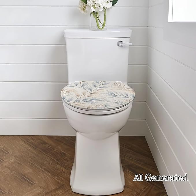 Watercolor Leaves oilet Cover Set, Soft Blue Plush Elongated Lid Protector, Unique Ocean Bathroom Decor Accessory