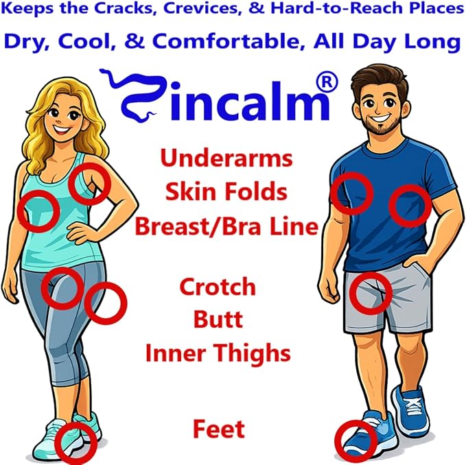 Zincalm All-Natural Body & Foot Powder, Concentrated 50% Zinc, Cornstarch-Free Moisture/Odor Absorbing Anti-Chafing/Friction, Itch Relief Formula for Dry/Cool Skin with Ultra-Pure Calcium & Menthol
