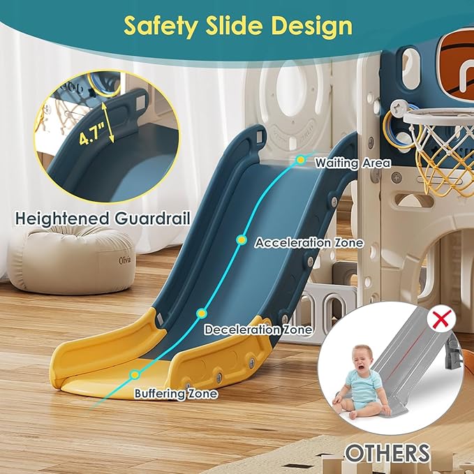 BIERUM 10 in 1 Toddler Slide with Basketball Hoop, Outdoor Slide for Toddlers Age 1-3 with Kid Playhouse, Indoor Toddler Playset Toddler Playground with Kitchen Toys Set Blue Yellow