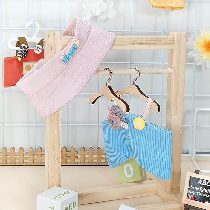 Doll Clothes for 17cm Dolls, Cute Outfit Set with Accessories, Bucket Hat and Overalls (No Doll) (Pink Blue Overalls Set)