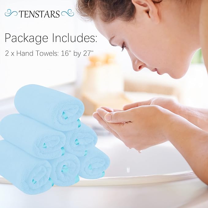 TENSTARS Silk Hemming Hand Towels for Bathroom - Quick Drying - Ultra Soft Microfiber Absorbent Towel for Bath Fitness, Gym, Shower, Hotel, and Spa - 16x28 Inch | Set of 6, Aquamarine