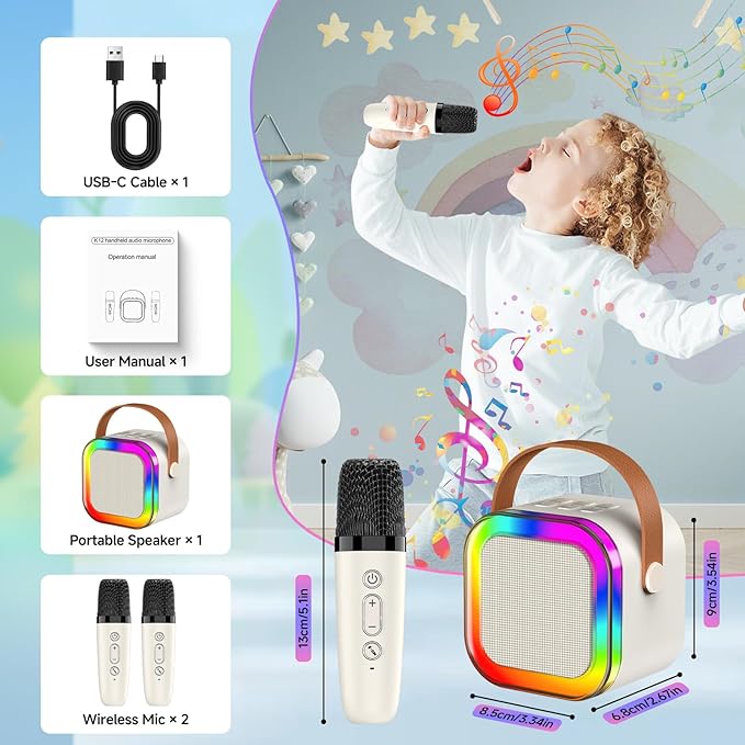 Portable Karaoke Machine, Mini Karaoke Machine with 2 Wireless Microphones for Kids Adults, Kids Microphone Christmas Birthday Toys for Girls Boys Toddler 4, 5, 6, 7, 8, 10 12+ Years Old 【Beige】