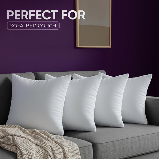 Beddora Throw Pillows (Set of 4, White) 18x18 Pillow Inserts Down Alternative, Throw Pillows for Couch, Bed or Sofa- Fluffy Decorative Stuffer Pillow for Indoors & Outdoors