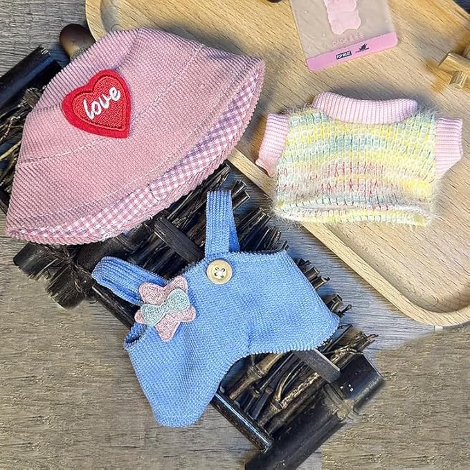 Clothes for LABUBU, Hat & Overalls Set for 17/15cm Accessories Suit, Cute Clothes for Dress up Unique Style (Pink Love Heart)