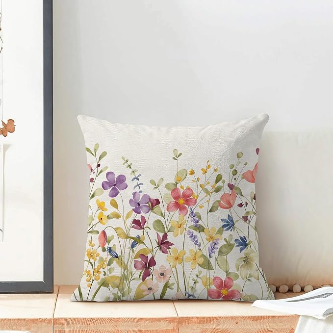 AEIOAE Spring Pillow Covers 22x22 Inch Set of 2, Colorful Wild Flower Leaves Plant Throw Pillows Case,Seasonal Floral Outdoor Decorative Farmhouse Decor Cushion Covers for Home Sofa Bed Couch