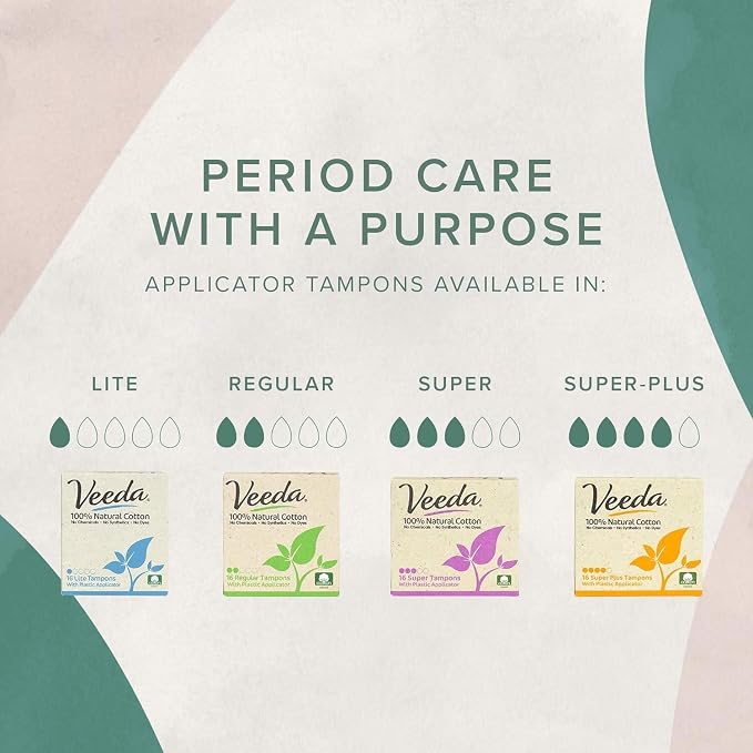 Veeda 100% Natural Cotton Tampons - Regular Absorbency with leak proof protection - Compact BPA-Free Applicator - Unscented & Free from Chlorine, Toxin - 48 Count