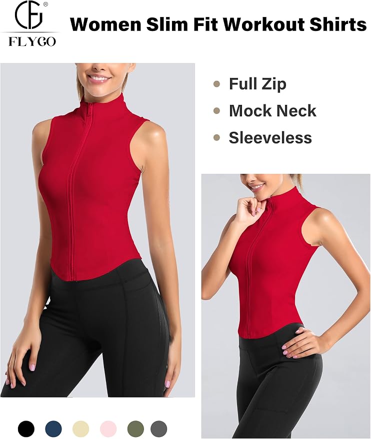 Flygo Women's Full Zip Sleeveless Workout Yoga Active Jacket Vest Golf Shirts