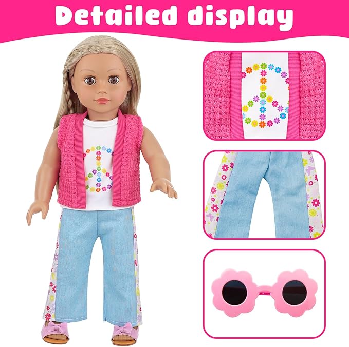 Ecore Fun American 18 Inch Doll Clothes and Accessories, 8 Pcs 18 Inch Doll Girl Clothes Set Include Sweater Vest, White Vest, Jeans, Sandals, Shoulder Bag, Mobile Phone, Sticker, Sunglasses