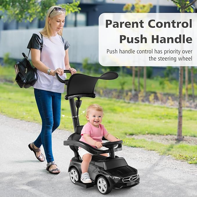 Licensed Mercedes Benz Push Car for Toddlers by INFANS, 3 in 1 Sliding Walking Car with Push Handle, Horn, Music, Underneath Storage, Foot-to-Floor Ride on Toys for Boys Girls, Black