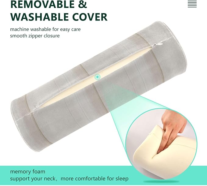 Decorative Bolster Pillow Memory Foam Neck Roll Pillow Round Pillows for Neck Cylinder Pillow Bed Roll Pillow for Neck Support Ivory Stripe