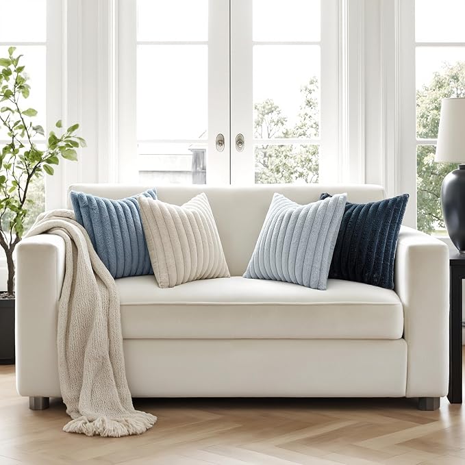 MIULEE Faux Fur Plush Decorative Throw Pillow Covers 20x20, Navy Blue | Set of 4, Striped, Soft Coastal Modern Cozy Home Decor, Cushion Cases for Sofa Couch Bed Living Room