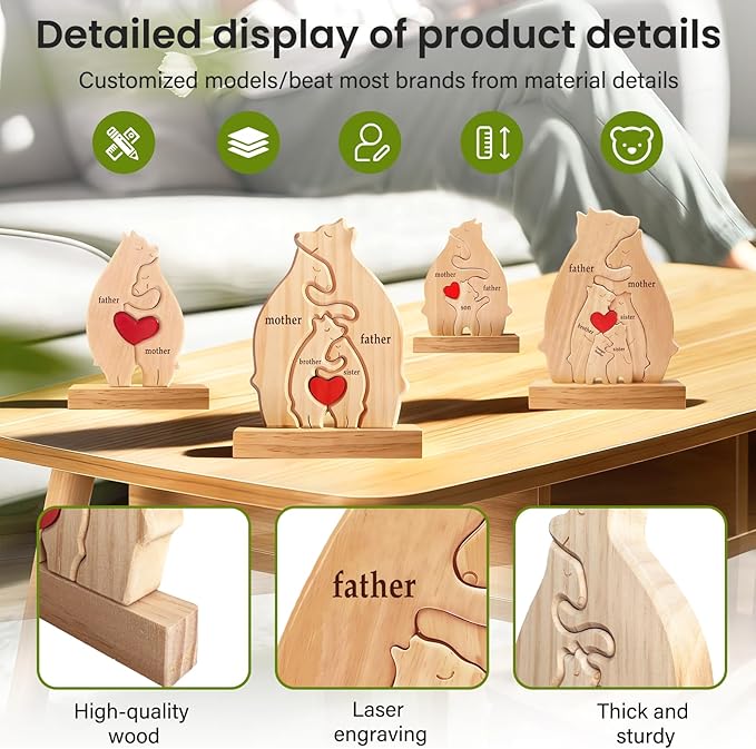 Personalized Wooden Bear Family Puzzle with 2-6 Names - Custom Animal Art Figurine with Red Heart Centerpiece - Cute for Mom Grandma (Rustic Home Decor)