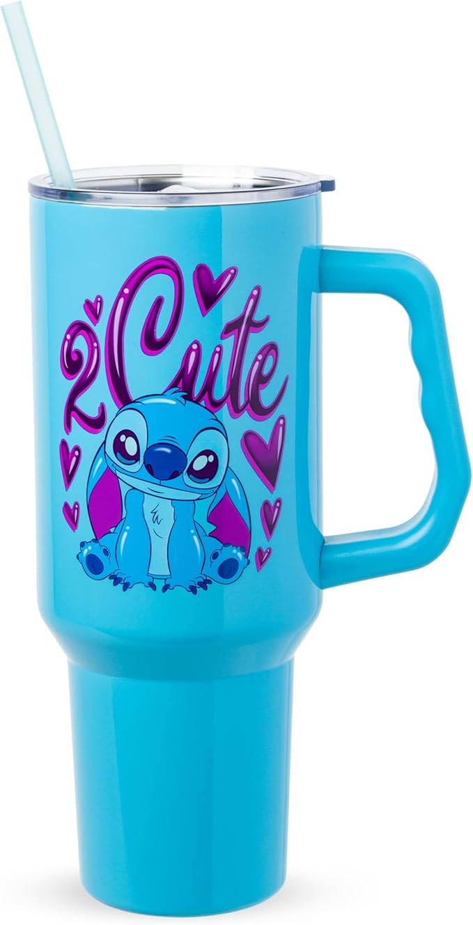 Silver Buffalo Disney Lilo and Stitch “2 Cute” Stainless Steel Tumbler with Handle, Fits in Standard Cup Holder, 40 Ounces (Pack of 12)