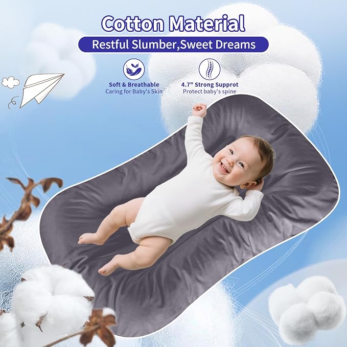 Baby Lounger 0-24 Months 100% Cotton-Snuggle Cozy Me Lounger,Soft & Breathable Baby Lounger for Newborn Play Mat,Infant Babies Essentials Gifts,Gray(Lounger Cover Included)
