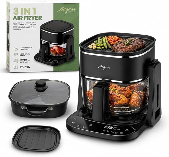 Angaar Korean BBQ Hotpot & Electric Grill, 3-in-1 Tabletop Cooker – 1400W 4.5L Glass Basket, Shabu Shabu, Air Fry & Contact Grill, Ceramic Non-Stick, 60-Min Timer