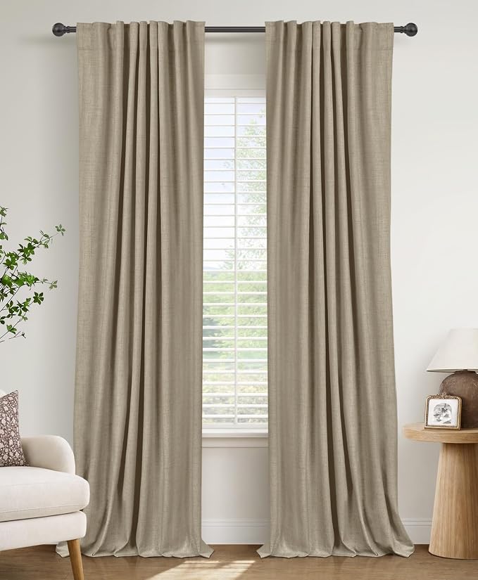 100% Blackout Shield Linen Blackout Curtains for Bedroom 108 Inches Long, Back Tab/Rod Pocket Living Room Drapes, Thermal Insulated Blackout Curtains 2 Panels Set, 50" W x 108" L, Plaza Taupe