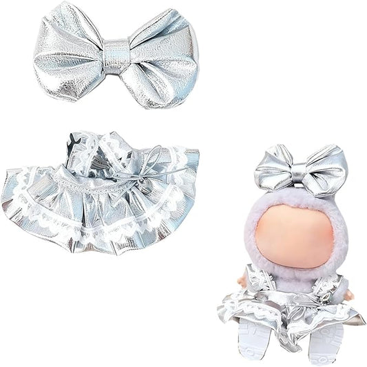 Clothes for Labubu, 2-Piece Skirt & Bow Hair Accessories Outfit Set for Labubu Doll - 17cm Dolls Clothes Cute & Silver Overalls Skirt (NO Doll)