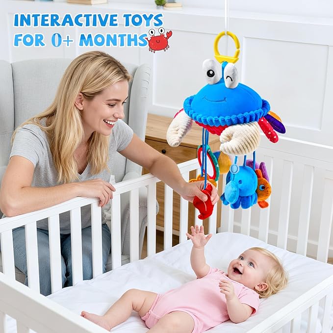 Car Seat Toys for Babies 0-6 Months, Hanging Sensory Crab Plush Toy for Stroller, Crib & Play Gym, Clip-On Montessori Infant Activity Toy with Mirror, Rattle & Teether, Newborn Baby Gifts 0-12 Months