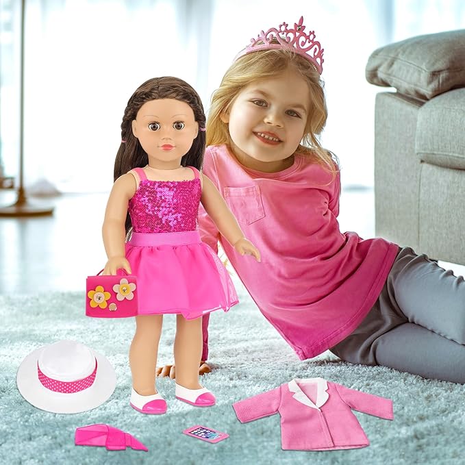 18 Inch Doll Clothes 8-Piece Stylish Pink Outfit Accessories Sets for American 18 Inch Dolls Outfits Trendy Clothes Red Flower Handbag Stuff Accessories for Dress-Up Play (Doll NOT Included)