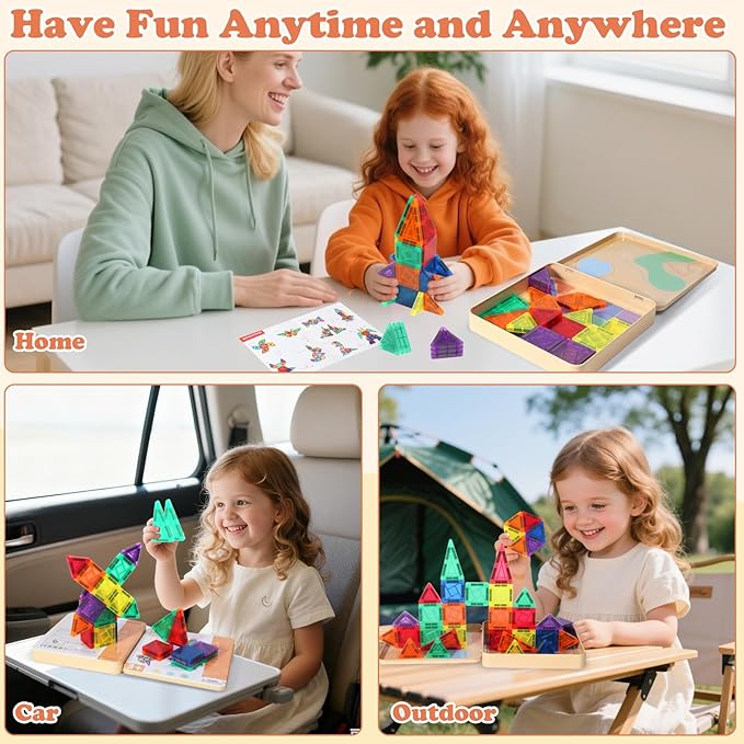 60 PCS Mini Magnetic Tiles, Travel Magnetic Tiles Magnetic Building Blocks with Iron Box, Portable Travel Toys for Kids Ages 4-8, STEM Learning Educational Construction Travel Toys for Toddlers 3-5