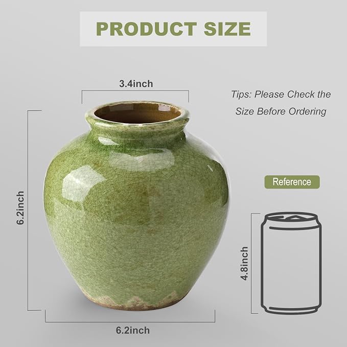 Ceramic Flower Vase Home Decor, 6.2 inch Farmhouse Rustic Vintage Decorative Vases, Pottery Terracotta Boho Flowers Vases for Dining Table, Living Room, Shelf, Kitchen, Bedroom (6.2"-Green)