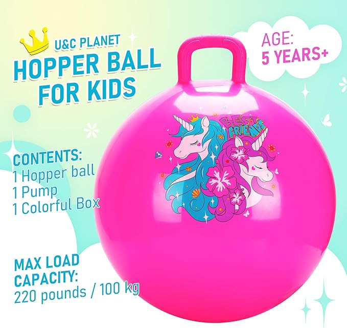 U&C Planet Hopper Ball 20 inches Bouncy Ball with Handle for Kids Age 5-9 Hoppity Hop Sit and Bounce Jumping Hopping Toy with Pump and Gift Box Great Gift for Birthday Christmas, Pink