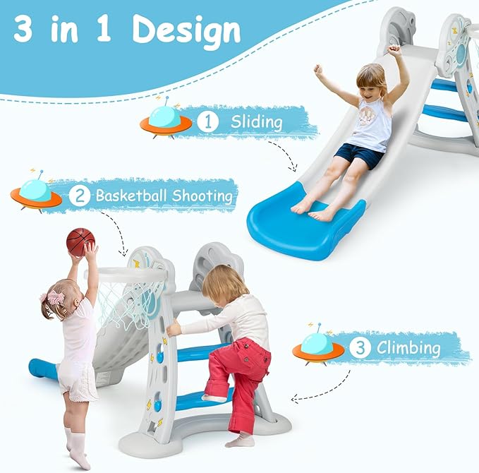INFANS Toddler Slide, 3 in 1 Foldable Kids Slide Indoor Slideway with Basketball Hoop, Outdoor Climber Freestanding Playset, Extra Long Slipping Slope Sturdy Plastic Playground Toy
