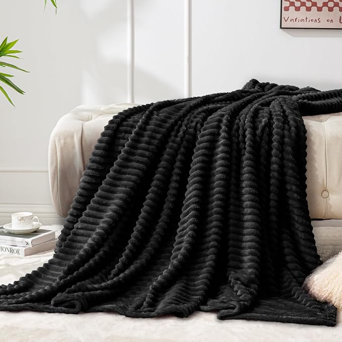 BEDELITE 3D Ribbed Jacquard Black Fleece Twin Blanket for Bed, 60x80 Inch | Soft Warm Decorative Fluffy Blanket, Cozy Plush Lightweight Fuzzy Throw Blanket for Couch Sofa Room Decor, Gift for Women