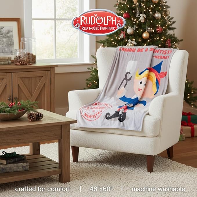 Collectibles Rudolph Hermey The Elf Dentist Holiday Bedding Super Soft Cozy Throw, 46 in x 60 in, (Officially Licensed Product) by Franco