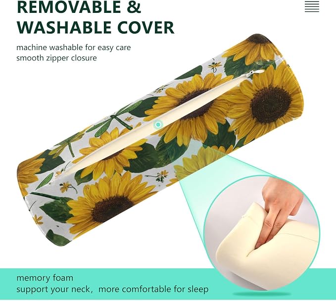 Sunflowers and Green Dragonflies Neck Roll Pillow Bolster Round Health Memory Foam Long Cervical Cylinder Pillows with Removable Washable Cover for Body Bed Legs Back Yoga