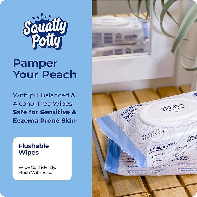 Squatty Potty Flushable Wipes - 3 Packs of 50 (150 Total Wet Wipes) | 99% Water & Plant-Based - Green Tea, Cucumber & Aloe Spa Scent - pH Balanced - Septic Safe Adult Wet Wipes
