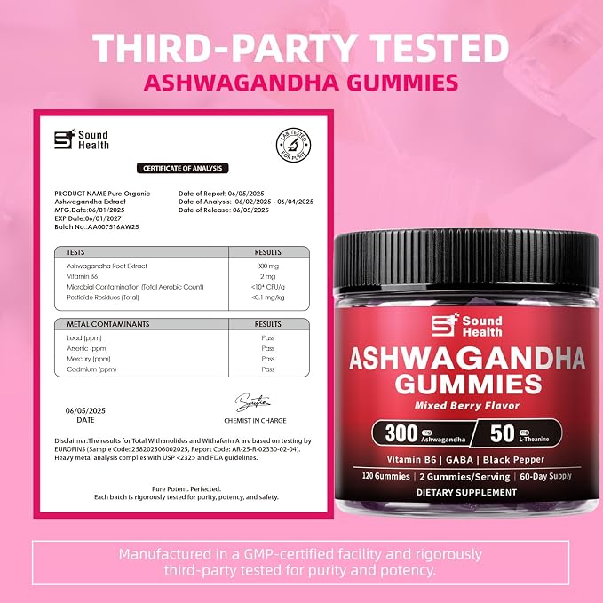 Ashwagandha Gummies for Women & Men | Organic Ashwagandha Supplement with Vitamin B6, Black Pepper | Vegan, Plant Based, Non-GMO, Gluten-Free - 120 Count (60-Day Supply)