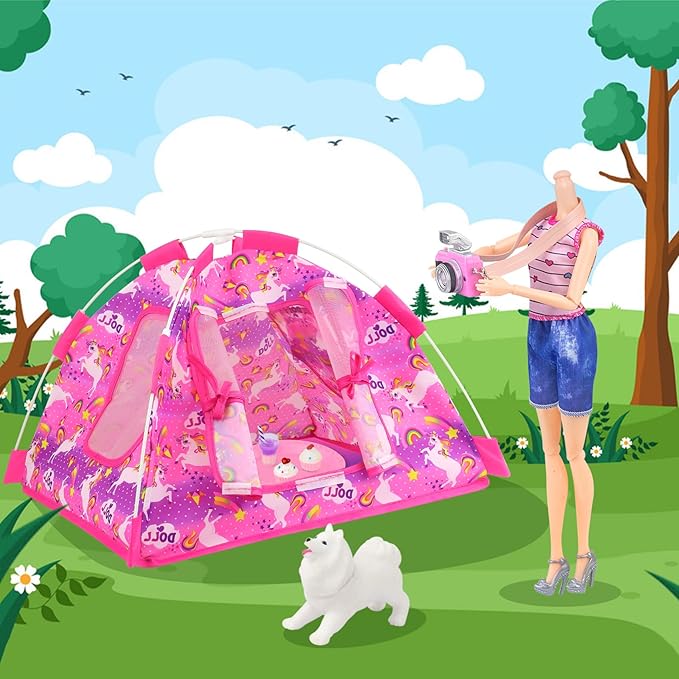 Ecore Fun 15 Pcs Doll Camping and Accessories Set for 11.5 Inch Girl Dolls Includes Tent, Clothes, Chair, Camera, Drink, Cupcake, Donut, Telescope, Toy Dog, Bag