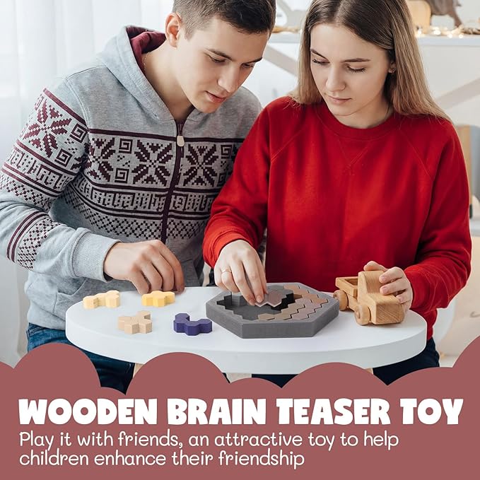 Yunsailing 3 Pack Hexagon Tangram Puzzle Wooden Brain Puzzles with Storage Bag Challenge Wood Russian Blocks Brain Teasers Geometric Jigsaw Block Logic Iq Stem for Family Party Gift
