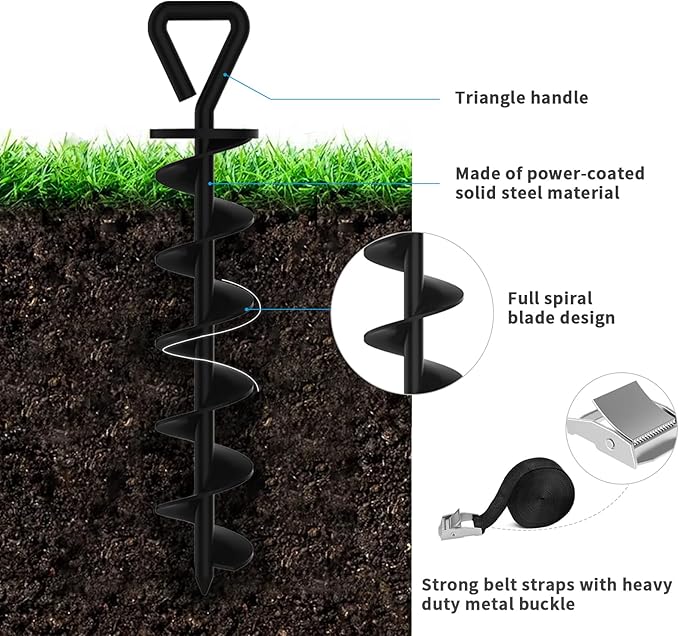 Eurmax USA 4 Pack Heavy Duty Ground Stakes,Industrial Grade Spiral Steel Screw-in Trampoline Anchors with 4 Reinforced Straps,High Wind Stabilizing Kit for Dog Tie-Out,Canopies,Sheds,Swing Sets,Black
