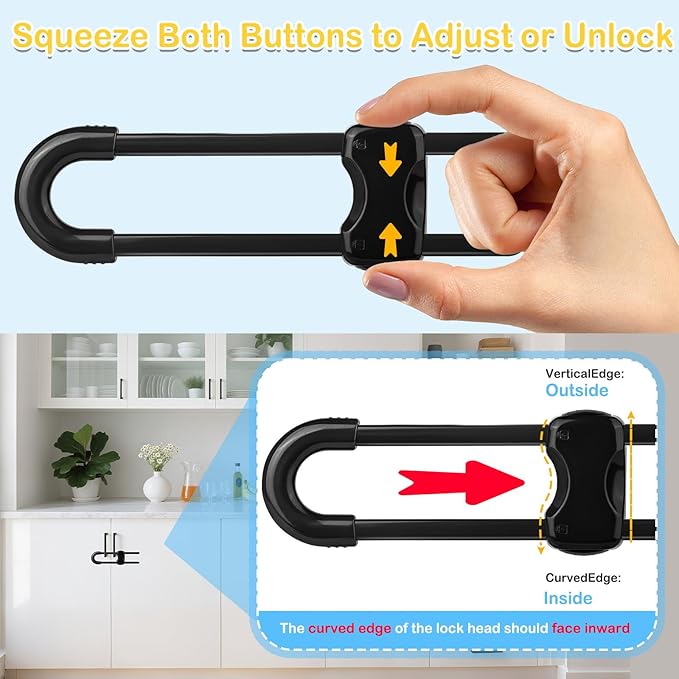 10 Pcs Sliding Cabinet Latches, U Shaped Cabinet Door Locks, Baby Cabinet Safety Latches for Baby Proofing, No Drilling Tool-Free Installation Easy to Use for Knobs or Handle Double Door (Black)