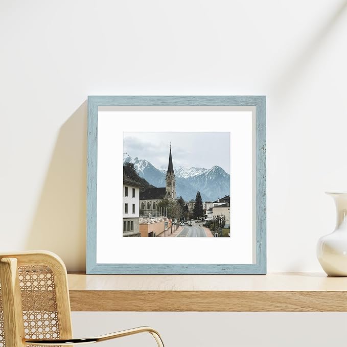 Vittanly 12x12 Picture Frames Set of 9 for Wall Mounting, Rustic Blue | Display Pictures 8x8 with Mat or 12x12 without Mat for Wall Mounting, Square Photo Frames for Home Decor, Engineered Wood
