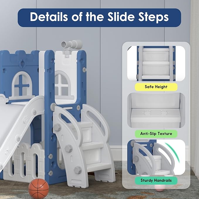 6 in 1 Toddler Slide Playset, Kids Indoor Outdoor Playground with Basketball Hoop,Storage and Telescope,Toddler Climber Slide Activity Center