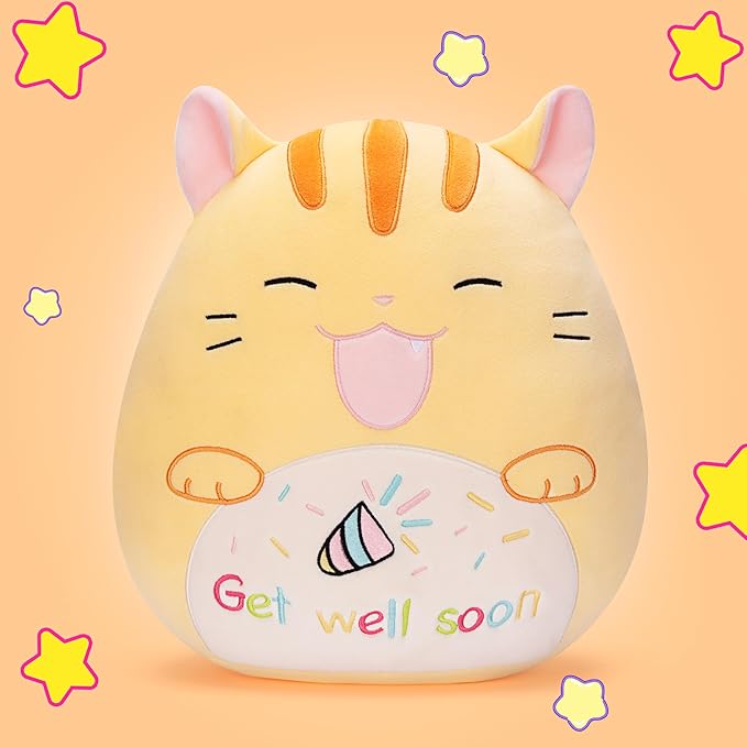 Get Well Soon Cat Pillow Plush Stuffed Animal Toy Patient Feel Better,12.5" Big Size Soft Cute Adorable Plushie Toys,Gift for Kids Women Girls