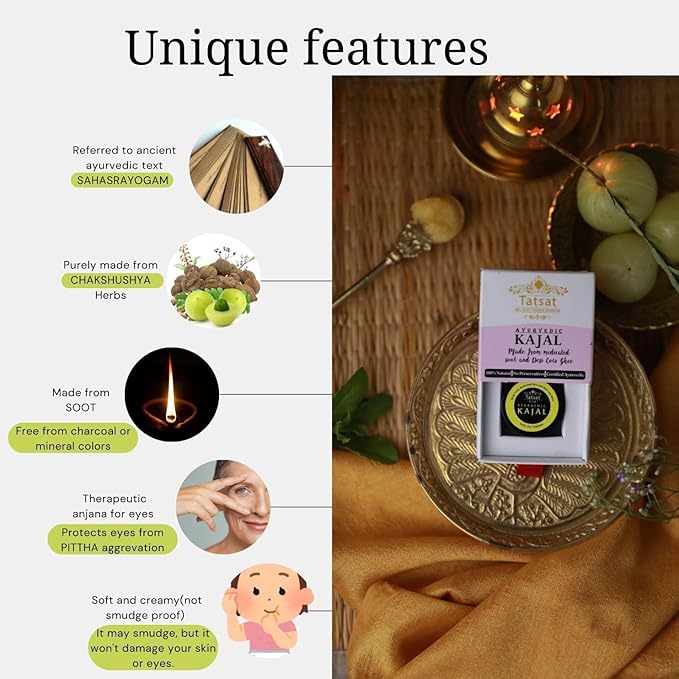 TATSAT - WELLNESS THROUGH AYURVEDA BABY Kajal,Natural,herbal and ayurvedic With Medicated Soot And Desi Cow Ghee|Safe For Babies|Lab Tested|No Preservatives, Black, Matte Finish