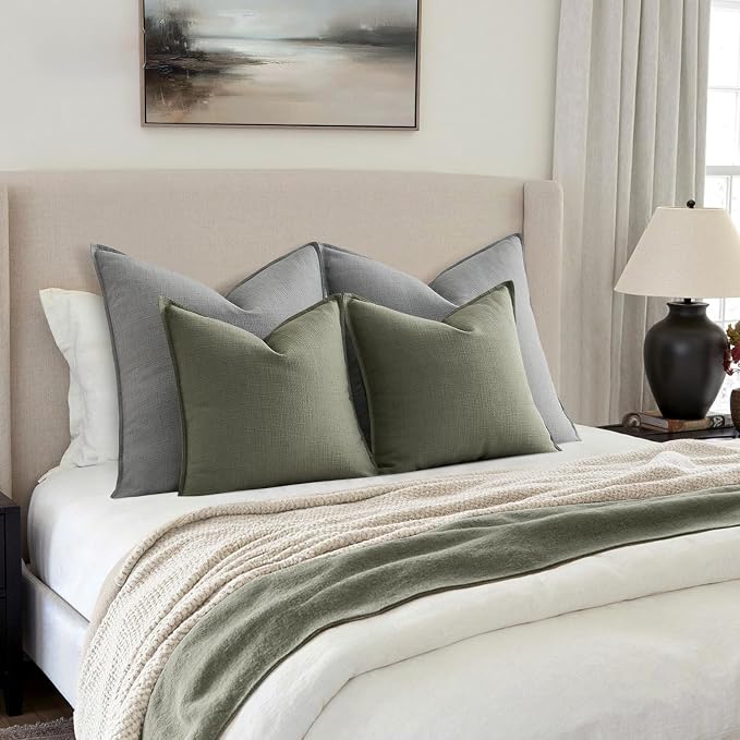 MIULEE Thick Textured Decorative Throw Pillow Covers 18x18 Inch Olive Green | Set of 2, Linen Blend Pillow Cover, Flange Edge Design, Farmhouse Modern Boho Style, Bed Couch Living Room Decor