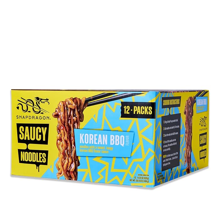 Snapdragon Saucy Instant Noodles with Korean BBQ Slurpable Sauce - Quick Meal, Snack, and Lunch. 12-Pack Microwave Noodles for Cup, Bowl, Ramen or Asian Stir Fry