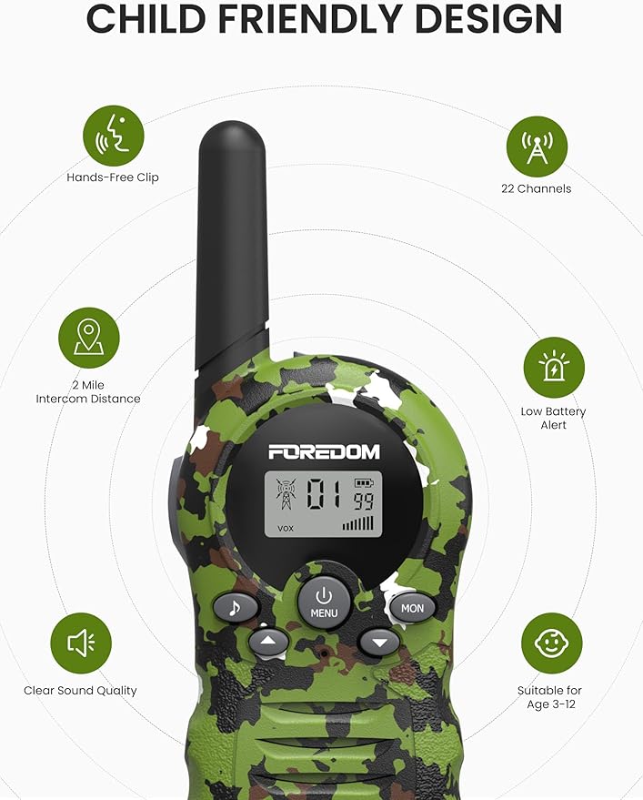 FOREDOM Walkie Talkies for Kids Walkie Talkies Long Range for Boys & Girls Age 3 to 12 Year Old Birthday Cool Army Toys - 2 Pack