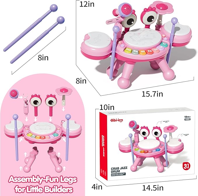 Toddler Drum Set for Kids 1-3, Baby Drum Set 1 Year Old with Light-Up Microphone, Musical Instruments Montessori Learning Toys for 6 9 12 18 Months, Birthday Gift for Boys Girls（Pink）