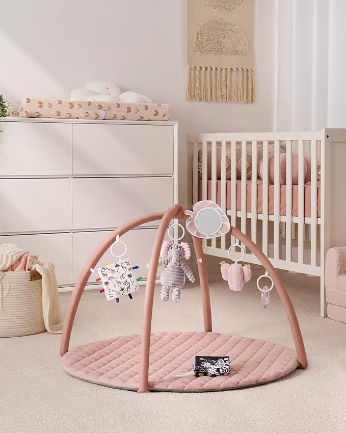 Blissful Diary Baby Play Gym Mat, Tummy Time Activity Mat with 6 Detachable Toys for Skill Development, Baby Essentials Gift, Soft Pink