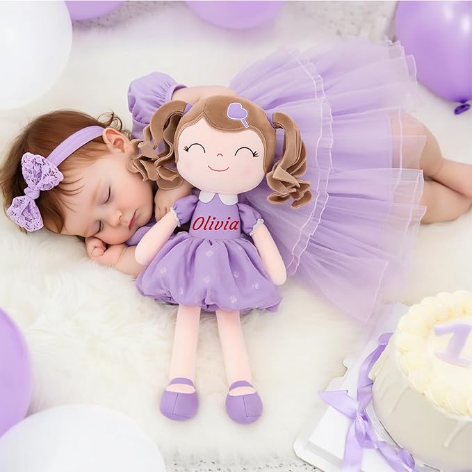 Gloveleya Personalized Baby Doll – Custom Name Plush Doll with Curly Hair & Purple Heart Dress | Unique Birthday for Girls, Toddlers & Kids | Soft Huggable Keepsake Toy