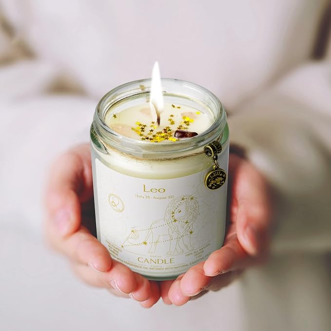 Leo Zodiac Crystal Candles - Astrology Gifts for Women, Scented Candle Jar for Birthday or Sister Zodiac Gift