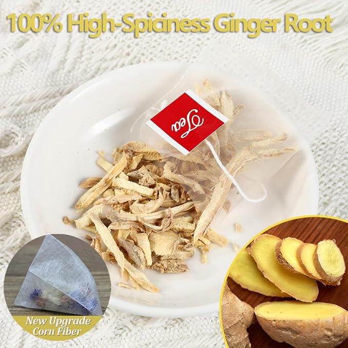 60 Premium Ginger Tea Bags, Made with 100% High-Spiciness Ginger Root, Full of Favor & Spicy, Support Digestion & Boost Immunity, No Additives & Caffeine Free.